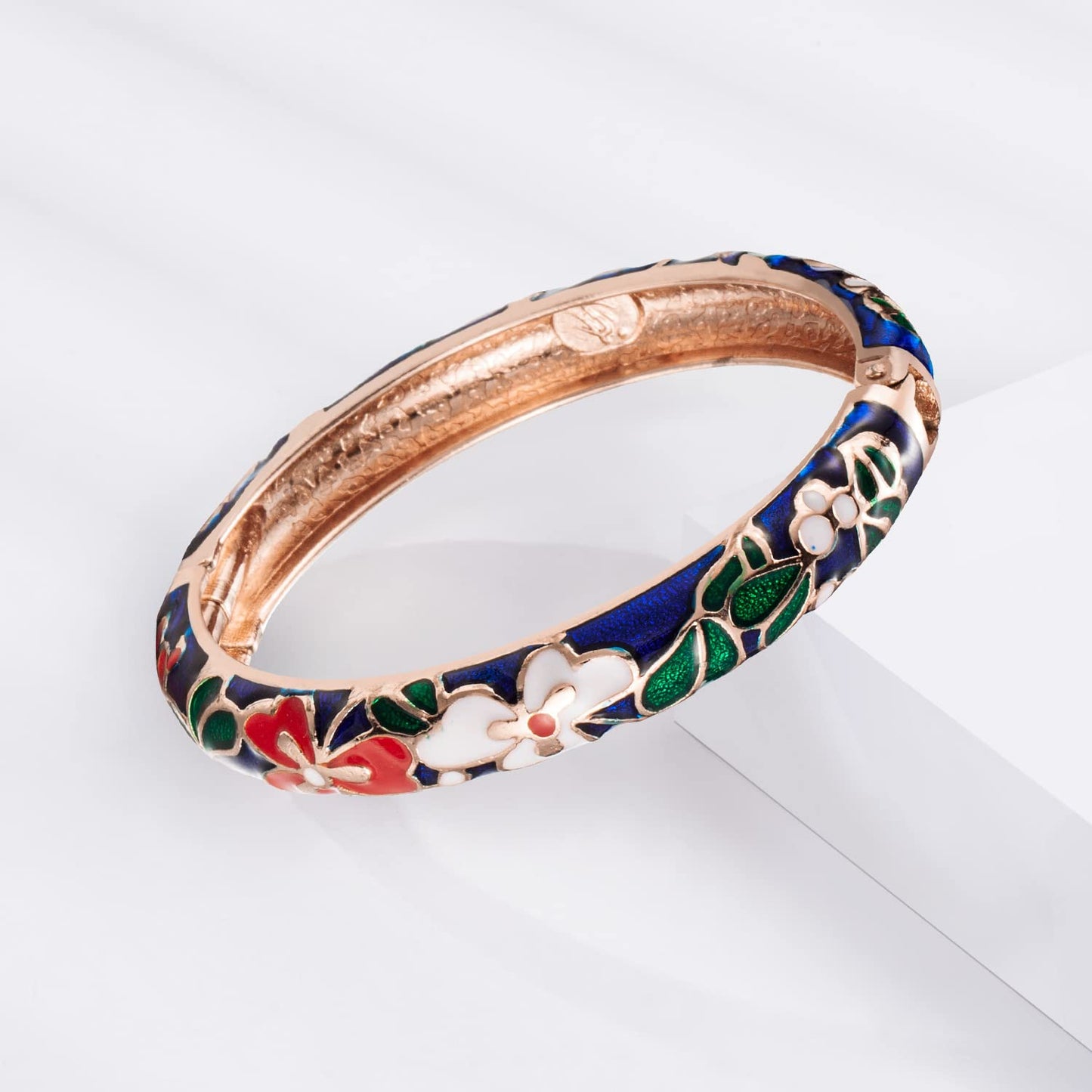 UJOY Fashion Cloisonne Bracelets Plated Leaf Filigree Enameled Womens Gifts Bangles Spring Hinged 88A22 Navy Blue