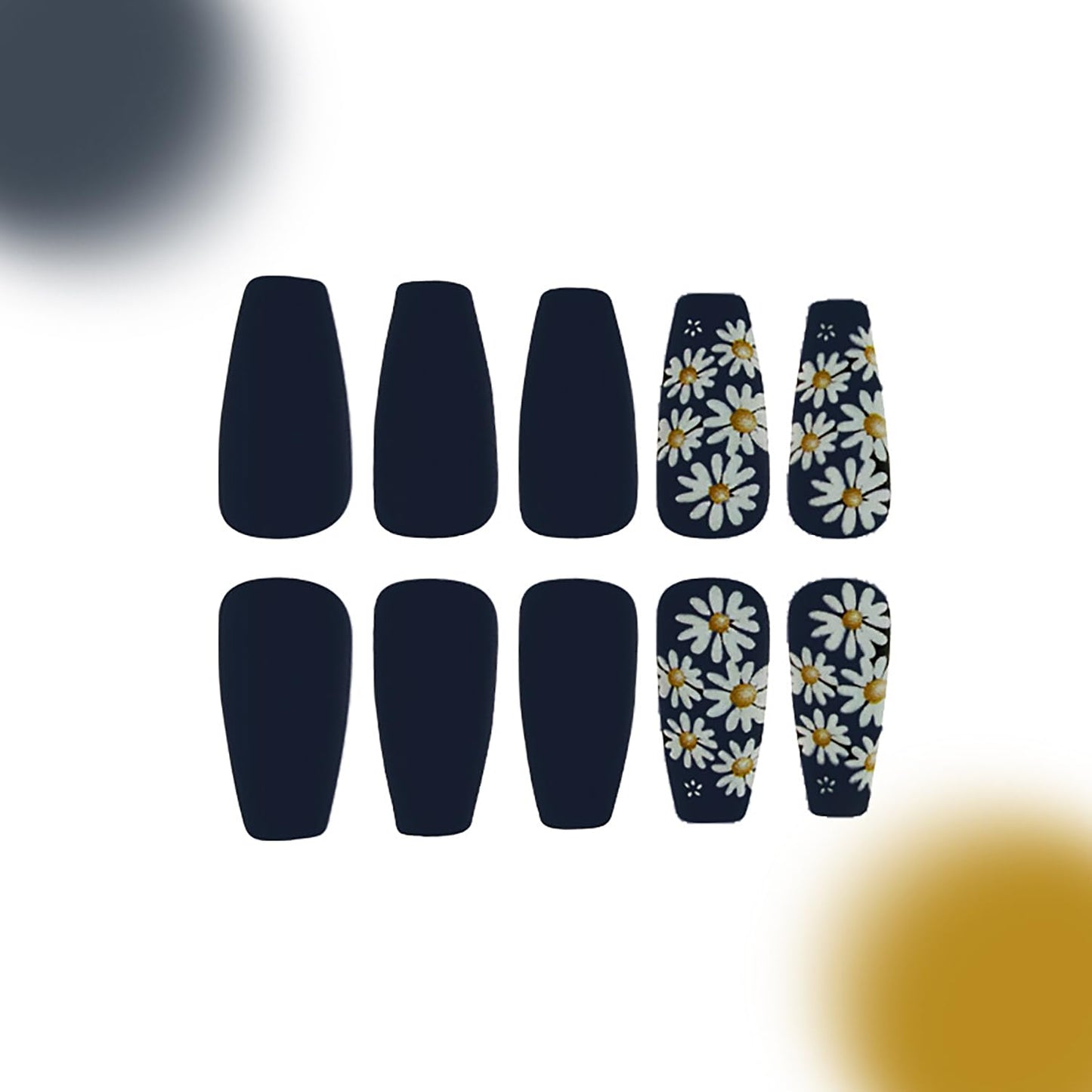 White Daisy Press on Nails Long Ballet Shaped Dark Blue Acrylic False Nail Full Cover Glossy Flower Stick on Nail Daisy Floral Pattern Design Artificial Fingernails 24Pcs DIY Glue on Nails for Women