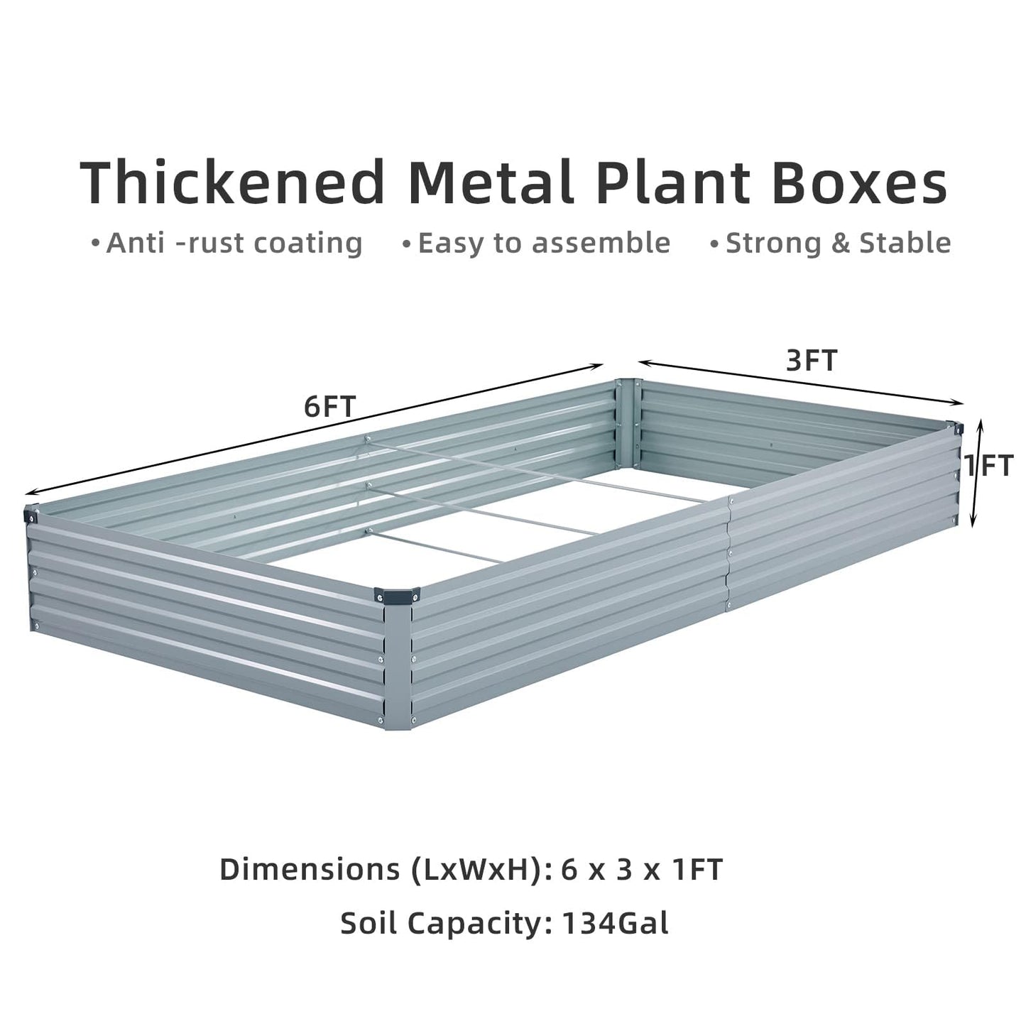 Meberam 2 Pack 6x3x1FT Galvanized Raised Garden Bed Kit, Outdoor Metal Planter Box for Vegetables, Bottomless Rectangular Gardening Bed with Support Rods, Tool-Free Assembly, Gray
