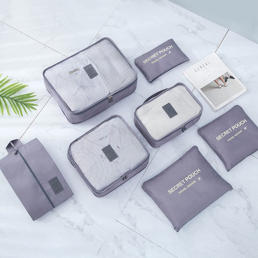 Fxkoolr 7 Set Packing Cubes for Suicase Packing Organizers Travel Luggage Organizers with Shoes Bag for Suitcase Travel Accessories, Grey