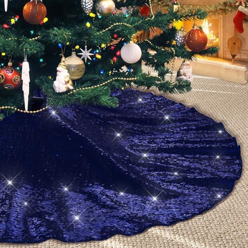 Poise3EHome Blue Christmas Tree Skirt, 36 Inch Sequin Tree Skirt