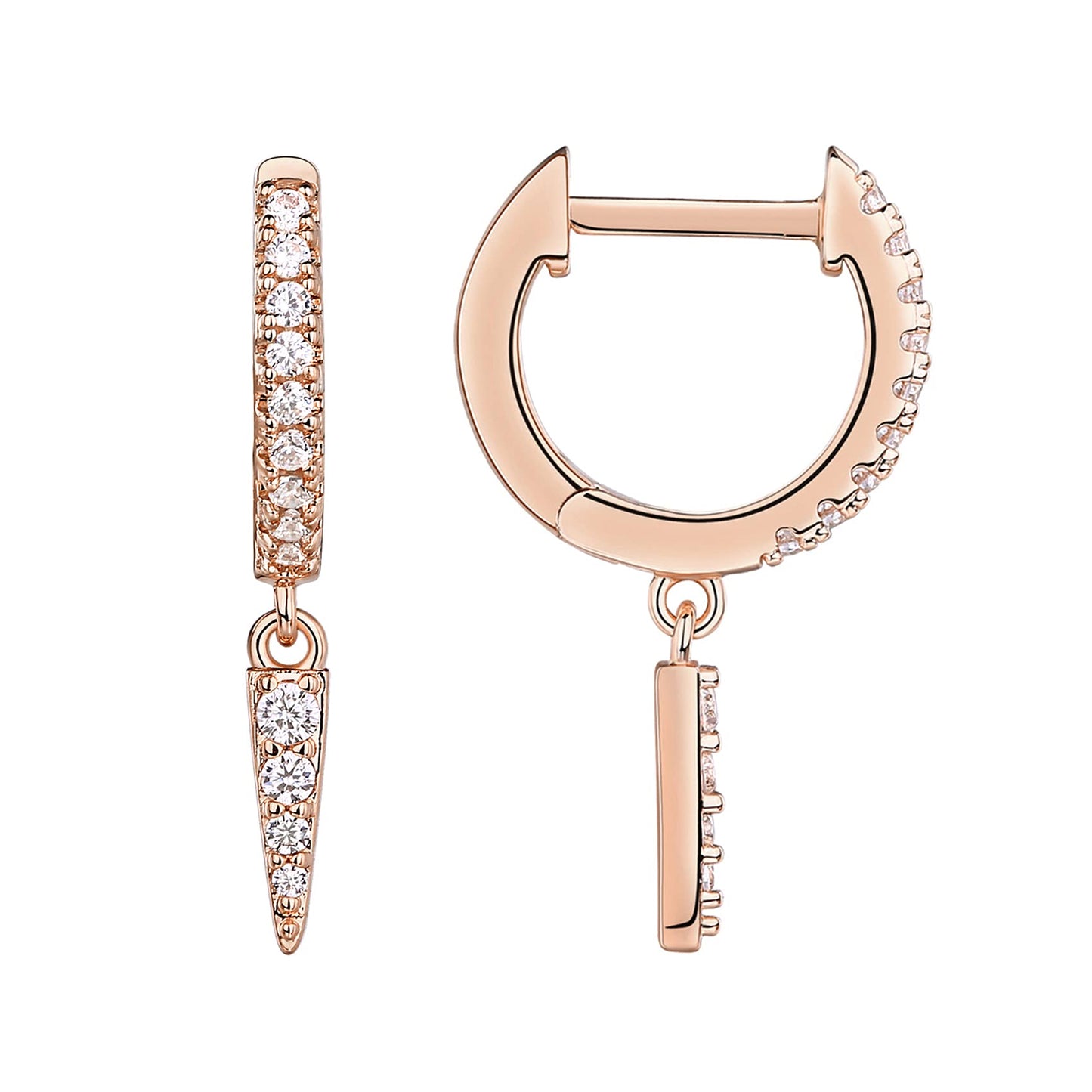 PAVOI 14K Rose Gold Plated S925 Sterling Silver Post Drop/Dangle Huggie Earrings for Women | Dainty CZ Awl Earrings