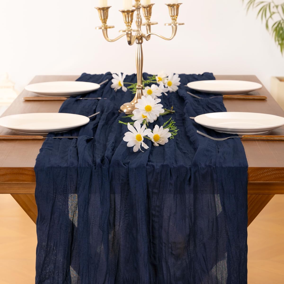 Socomi 10pcs Navy Blue Fall Thanksgiving Cheesecloth Table Runner Boho Rustic Gauze 120 inch 10FT Cheese Cloth Runner for Wedding Party Baby Shower Birthday Home Decor Holiday Decorations