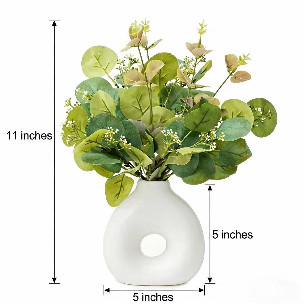 EZBOHO Artificial Plant in Ceramic Donut Vase 11.5” Faux Greenery Potted Branches Realistic Leaves Stems Modern Minimalist White Speckled Hollow Vase for Home Office Table Shelf Bathroom Decor