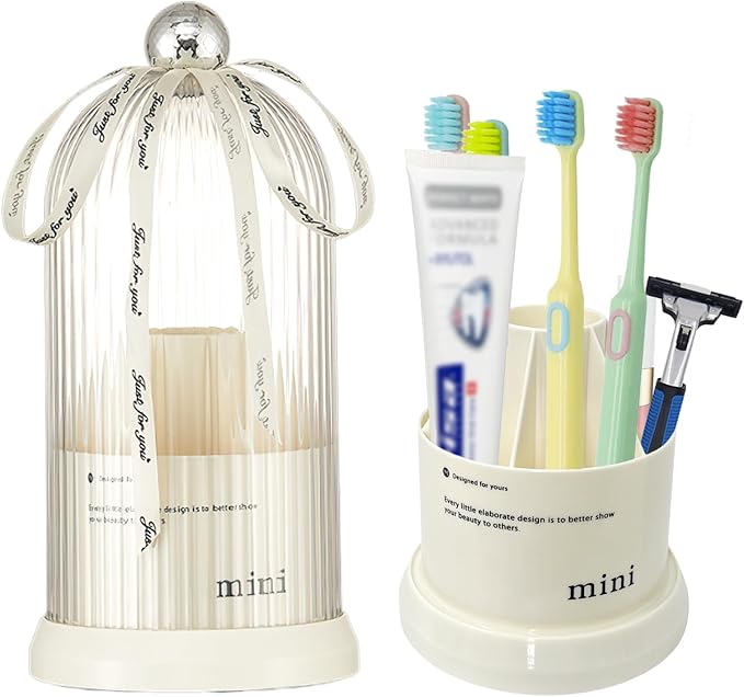 Multi Functional Rotating Toothbrush Holders with Sliding Base, 7 Slot Bathroom Countertop Organizer Perfect for Tooth Brush, Toothpaste, and Makeup Brushes Storage (White)