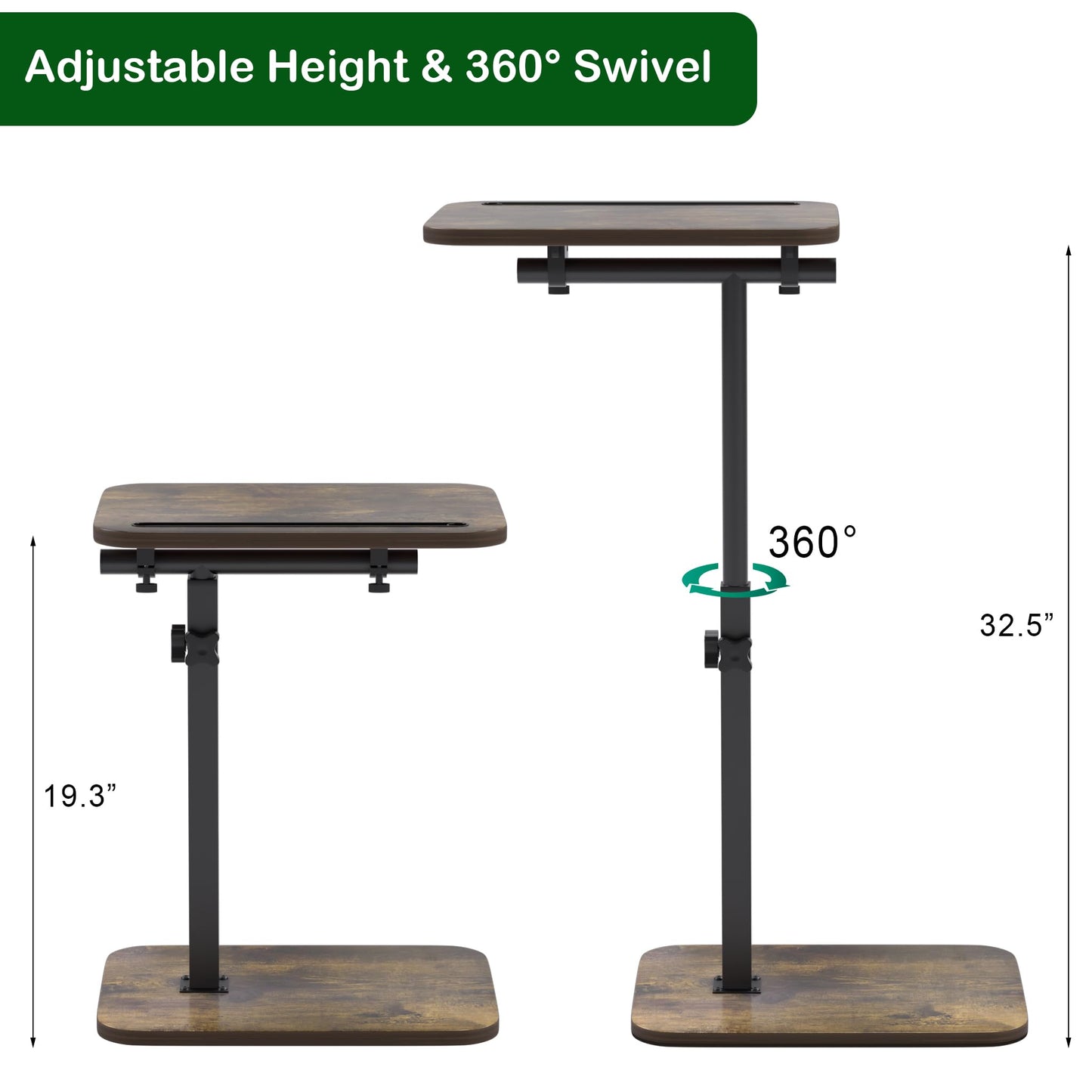 promitop TV Tray Side Table for Couch - 360° Swivel Adjustable Height Rotating Sofa Table C Table End Table Laptop Desk with Phone & Tablet Slot, Perfect for Eating Working Reading, Fits Small Spaces