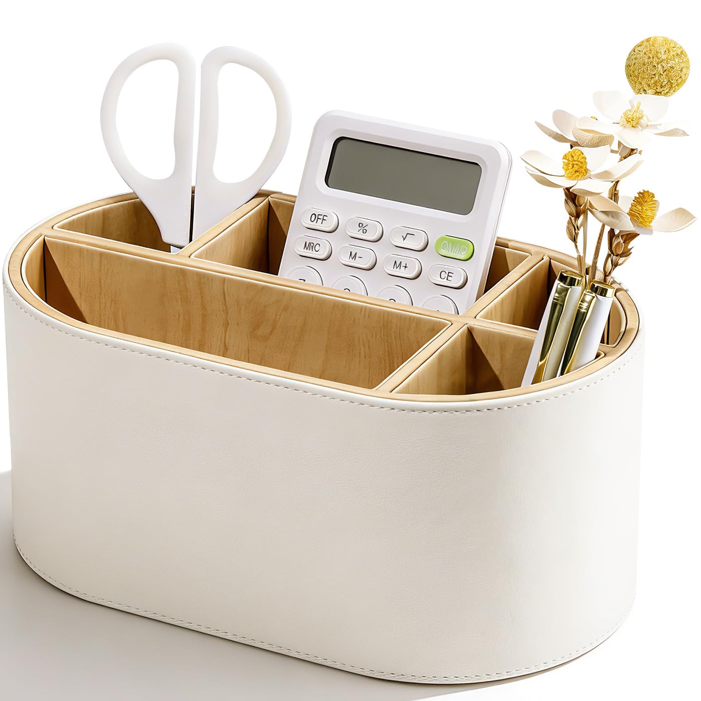 KINGFOM PU Leather Desk Organizer with Multi Compartments, Desktop Caddy Holder for Remote Controls, Pens, Makeup Brushes, Office Accessories (Beige)