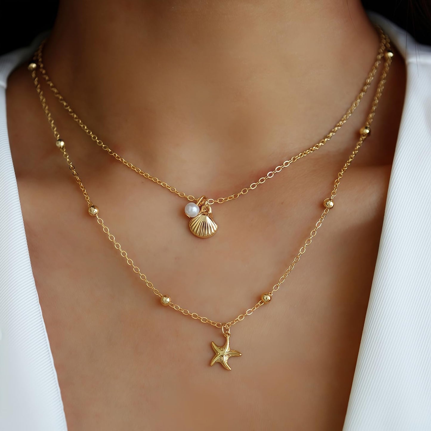 Shell Starfish Necklace for Women, 14k Gold Plated Boho Layered Beaded Charm Pendant Necklace, Dainty Adjustable Pearl Conch Summer Beach Vacation Jewelry Gifts(Shell&Starfish)