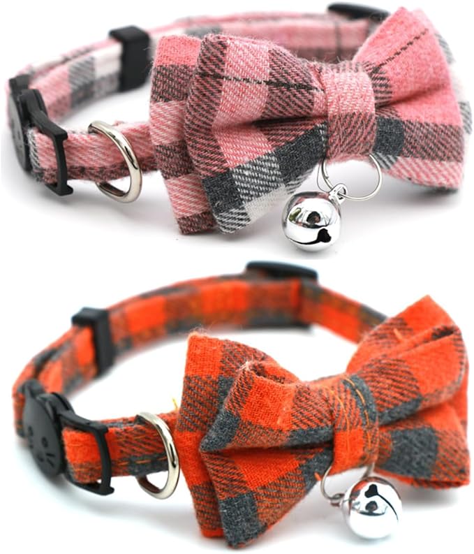 2-Pack Plaid Bowtie Cat Collar with Bell Breakaway Kitten Collar with Bells
