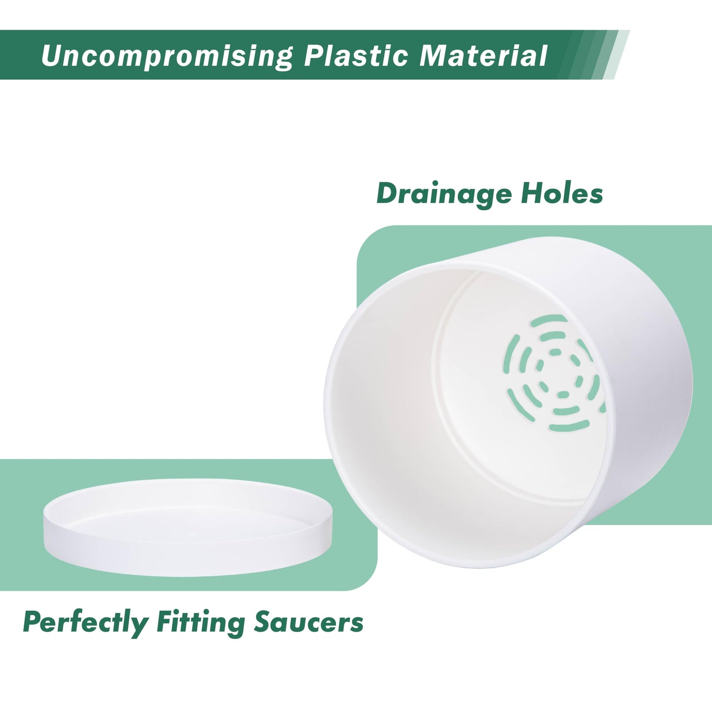D'vine Dev 10 Inch Plastic Planter Pots for Plant Pot with Drainage Hole and Seamless Saucers, White Color, 74-X-A-2