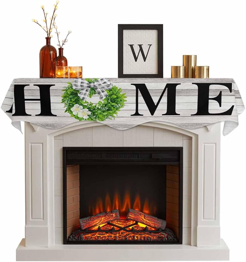 Rustic Fireplace Mantel Scarf Table Runner,Eucalyptus Leaves Green Wreath Wooden Plaid Home Winter Garland Mantel Top Tablerunners Dresser Scarves Cover for Windows Party Living Room 60"x17"