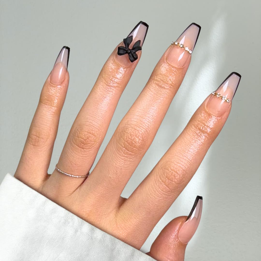 PerfectLook Press On Nails - Bow French | No Glue One-Day Long Coffin Nails, Black French Nude Nails with 3D Bow - 24 Pcs Nail Kit with Adhesive Tabs