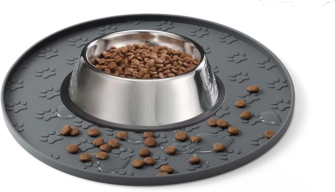 Dog Food Mats - Waterproof Silicone Dog Mat for Food and Water, Pet Food Mat with Edges, Nonslip Pet Feeding Mat for Protecting Floors (2Pack Grey)