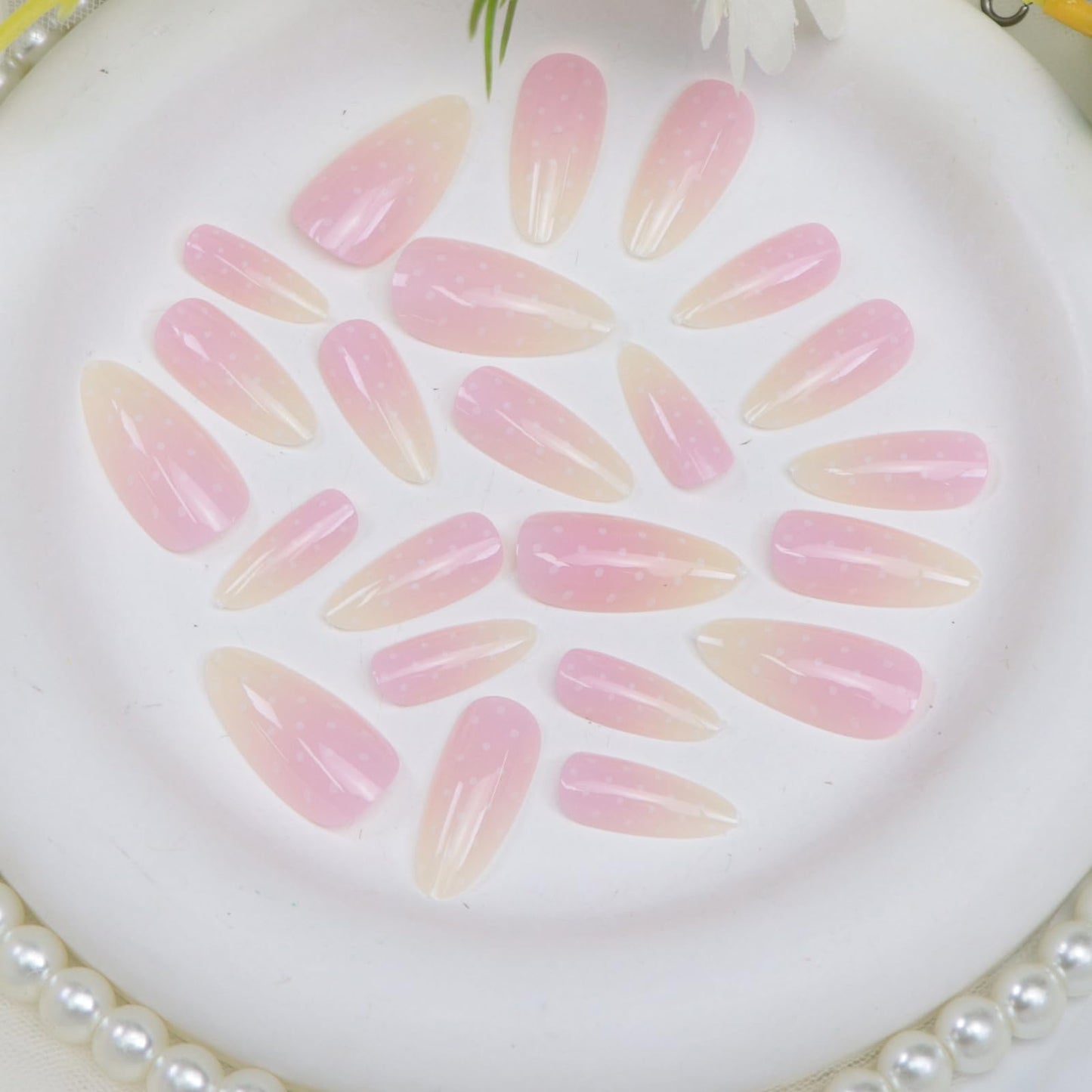 Press on Nails Almond Medium Fake Nails Pink Ombre Nails Press ons Glossy Glue on Nails with White Dot Designs Artificial Stick on Nail for Women 24 Pcs