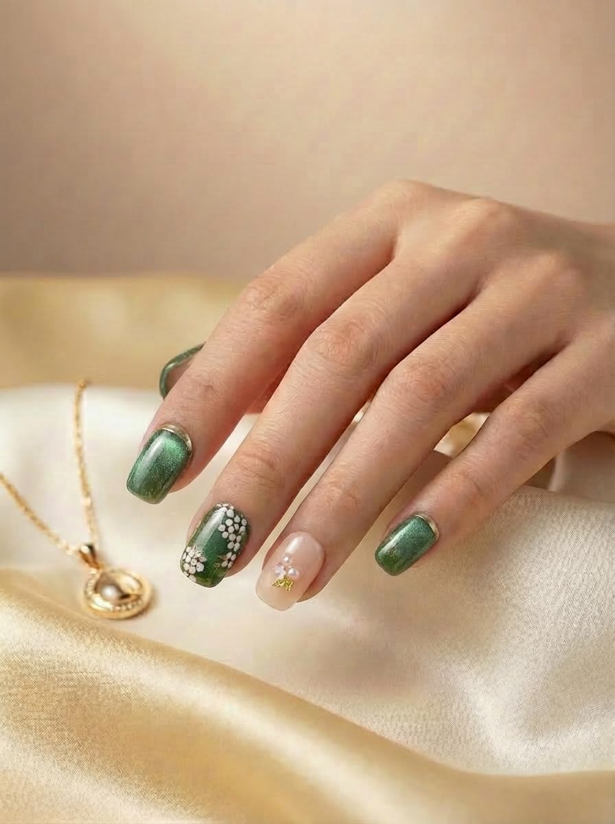 Botanical Garden - Handmade Short Coffin Press on Nails Green Cat Eye Fake Nails with Botanical Design 10Pcs Size M Complete Kit Press Ons - Eli Miré