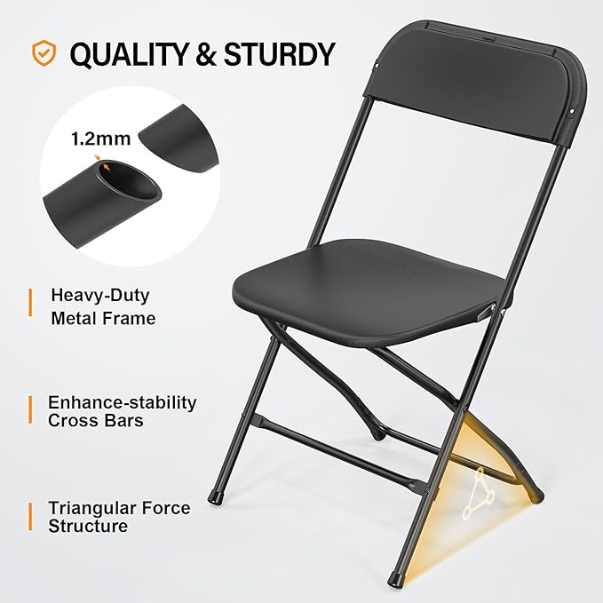 VINGLI 1 Pack Black Plastic Folding Chair, Indoor Outdoor Portable Stackable Commercial Seat with Steel Frame 350lb. Capacity for Events Office Wedding Party Picnic Kitchen Dining