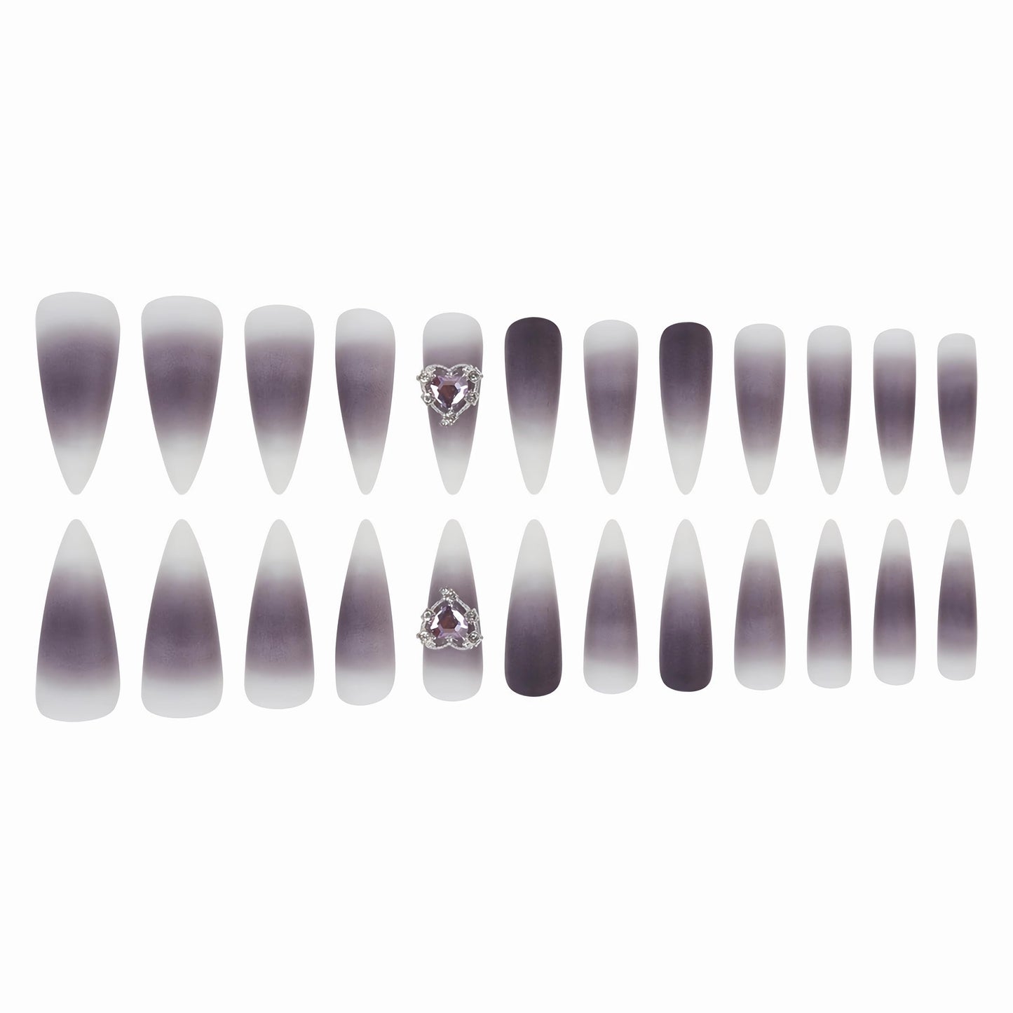 BABALAL Black Purple Ombre Press On Nails, Extra Long Stiletto Gothic Fake Nails with Silver Heart Charm, Matte Acrylic Full Cover Stick On Nails 24Pcs