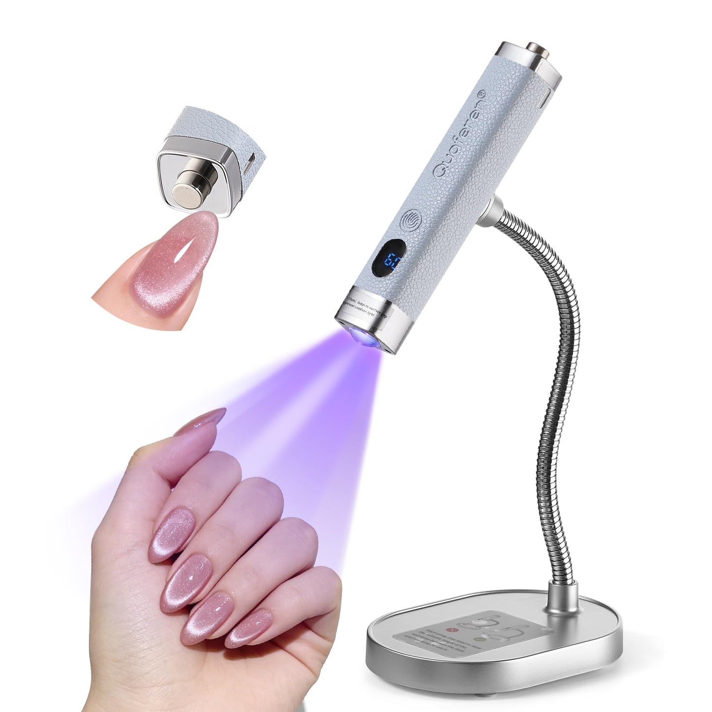 Quaferen Mini Handheld UV Light for Gel Nails with Stand, Rechargeable Flash Cure Nail Lamp with Auto Sensor, Cat Eye Magnet for Fast Drying at Home Salon (Blue)