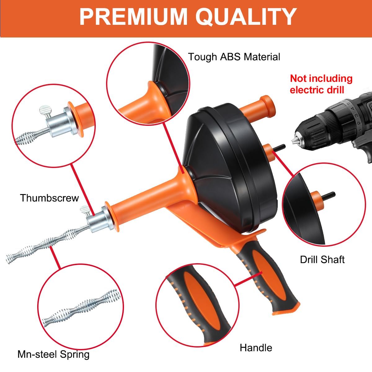 Drain Auger, Clog Remover with Drill Adapter, 25 Feet Flexible Plumbing Snake Use Manually or Powered for Kitchen, Bathroom and Shower Sink, Comes with Gloves (orange)