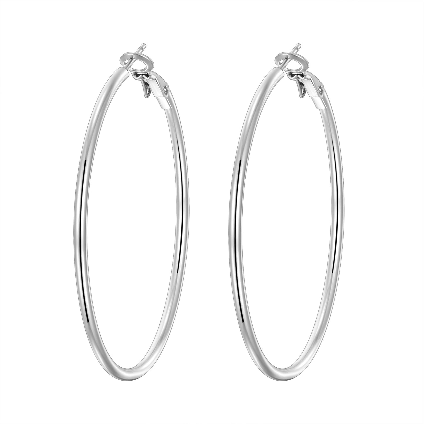 PICKBEAU Silver Dangle Hoop Earrings for Women, 14K White Gold Plated Stainless Steel Earrings Drop Hypoallergenic Hoops Earrings(50mm)