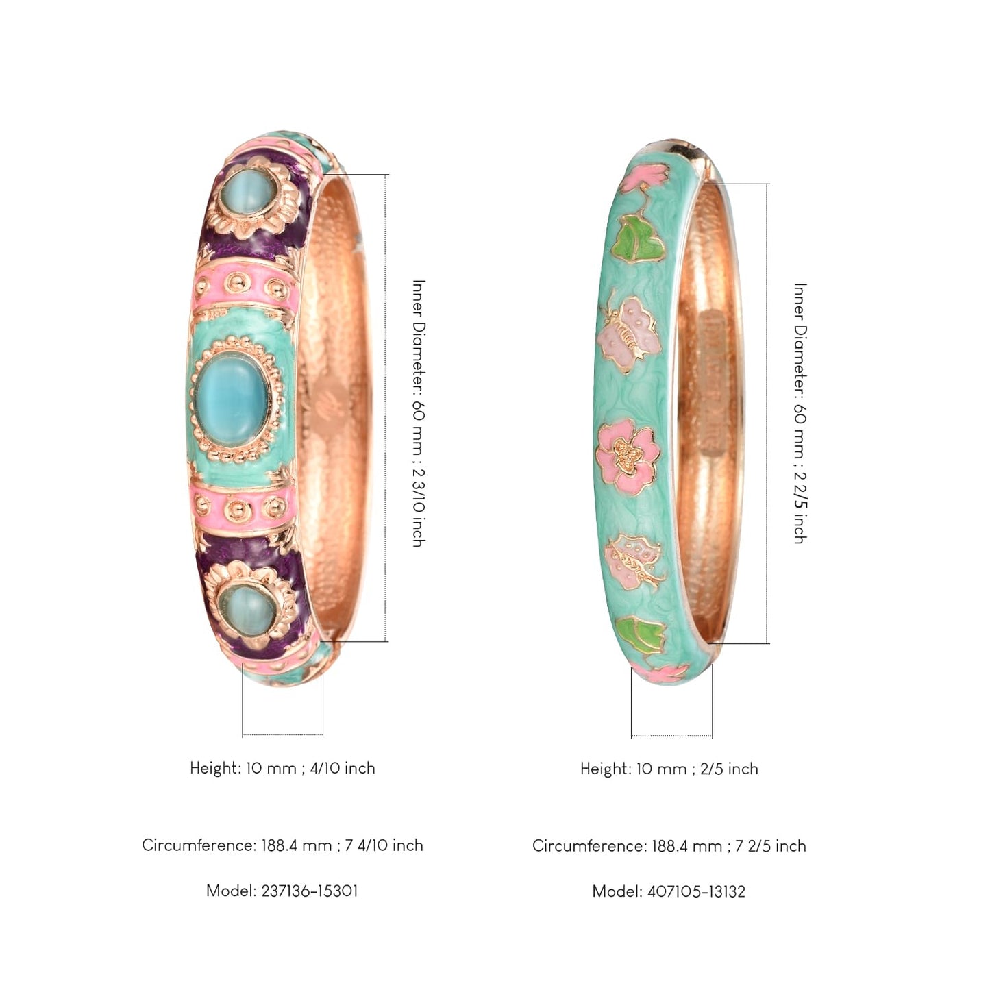 UJOY Vintage Cloisonne Jewelry Bracelet Plated Handmade Bead Rhinestones Enamel Spring Cuff Bangles 2 Pcs Set for Womens Gift 7735-55A67 Pink