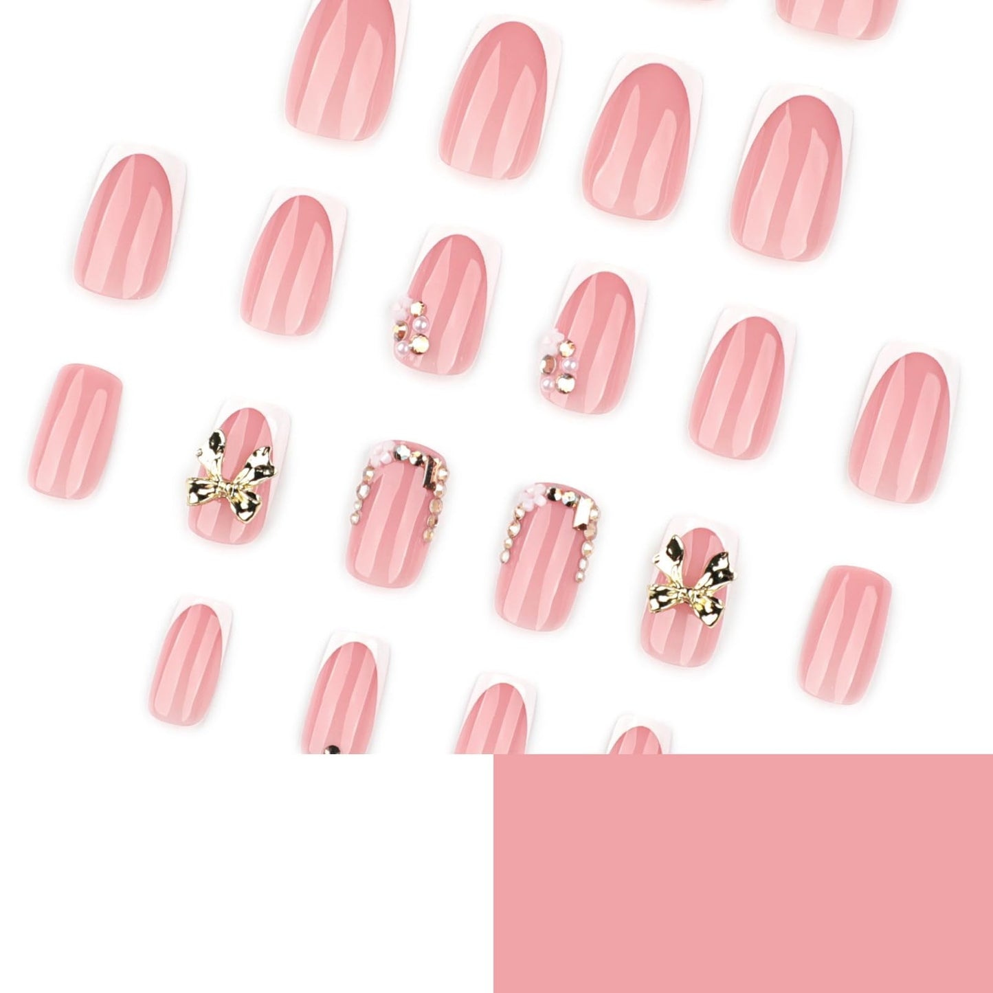 24Pcs Bow Press on Nails White French Tip Fake Nails Short Nail Press ons with Rhinestone Flower Design Square Stick on Nail for Women Manicure 24Pcs