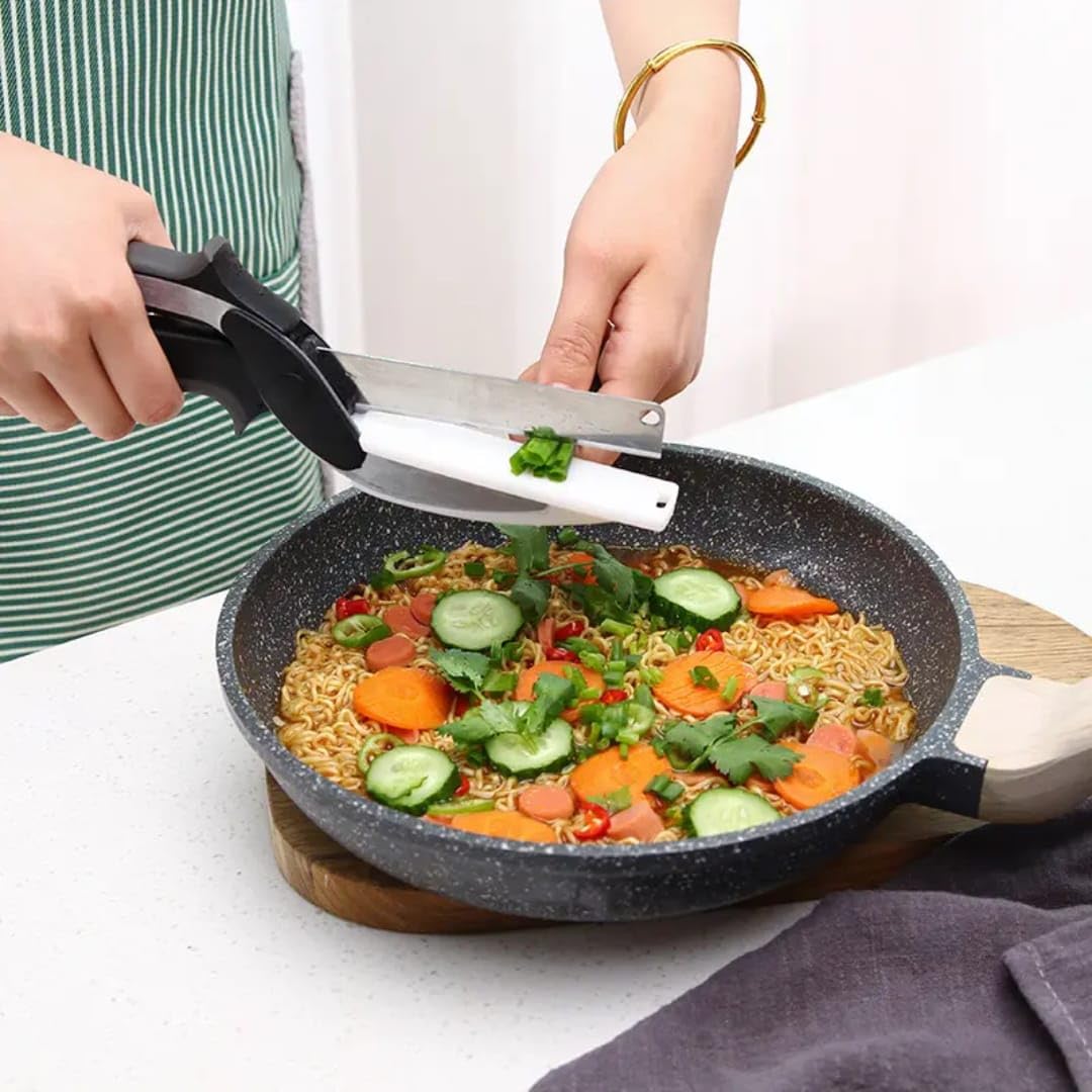 Professional 2-in-1 Kitchen Smart Cutter – Stainless Steel Vegetable Scissors & Food Chopper with Built-in Cutting Board – Multi-Function Slicer for Fruits, Veggies, Cheese, and Meat