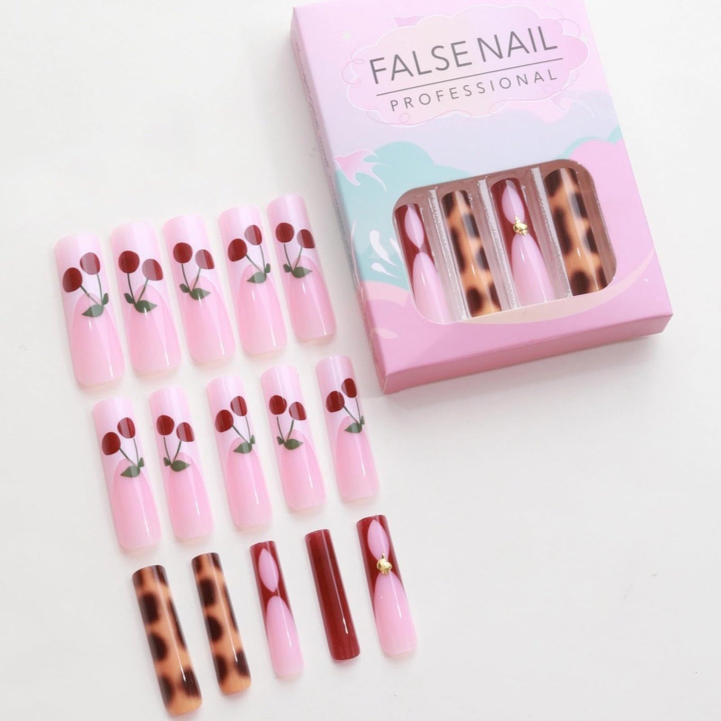 MISUD Press on Nails - Extra Long Square Glue on Nails with Cherry, Acrylic Tortoise Shell Design 24 pcs