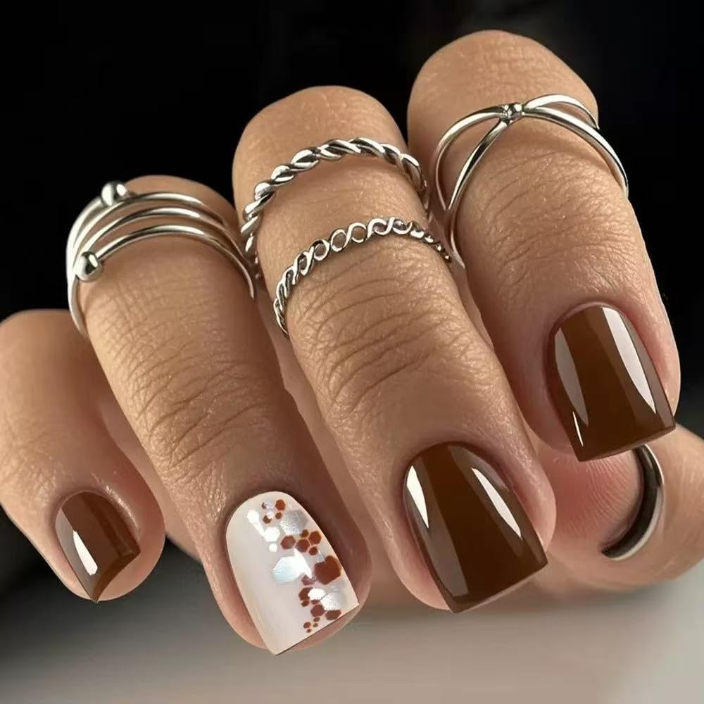 Square Press on Nails Short Fake Nails Brown Acrylic Full Cover Glossy Stick on False Nail for Women 24PCS