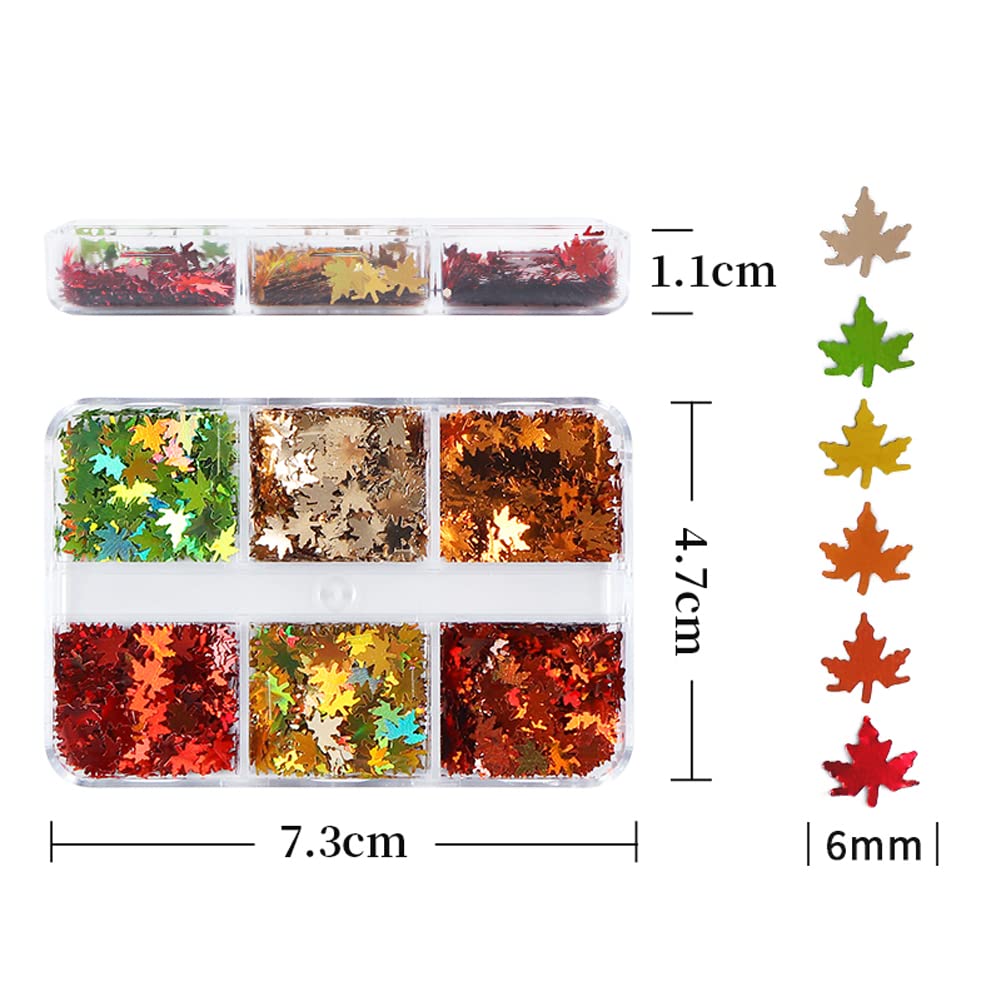 Fall Glitter Nail Sequins Maple Leaf Nail Glitters Flakes 3D Maple Leaves Nail Art Stickers Decals Gold Laser Glitter Nail Designs Retro for Manicure Autumn Winter Gel Nail Art Decorations 6 Grids