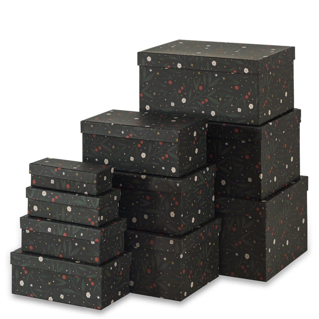 Soul & Lane Christmas Boxes with Lids - Set of 10, Charming Festive Gift Boxes, Decorative Cardboard Holiday Storage with Enchanting Leafy Botanical Pattern