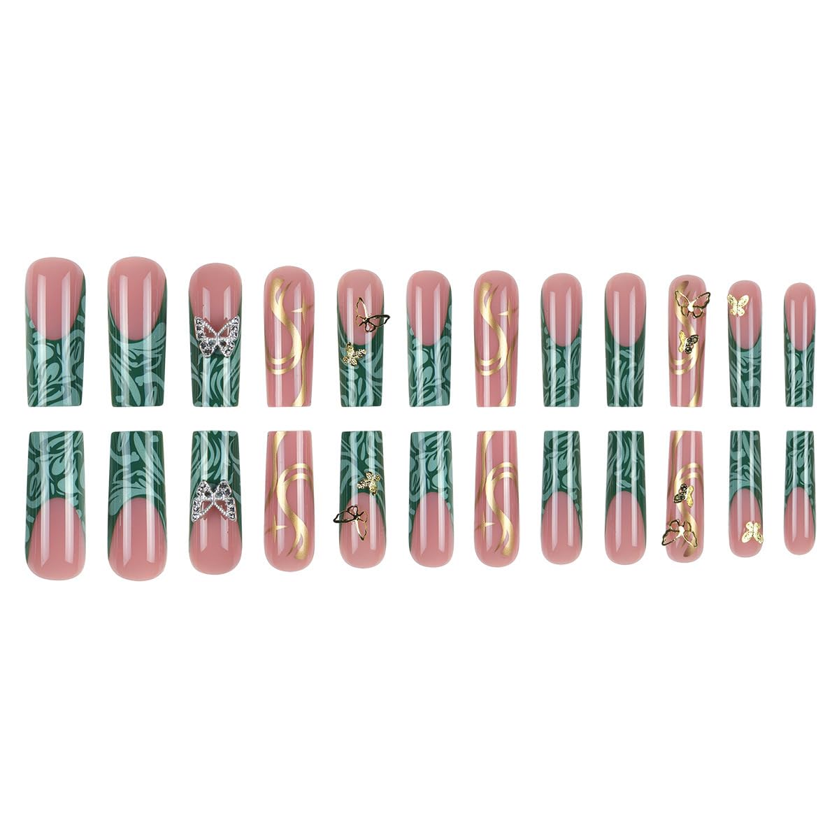 SEENEEY Almond Acrylic Full Cover Nails 24pcs Green Glossy False Nails with Butterfly Designs French Tip Press-On Nails