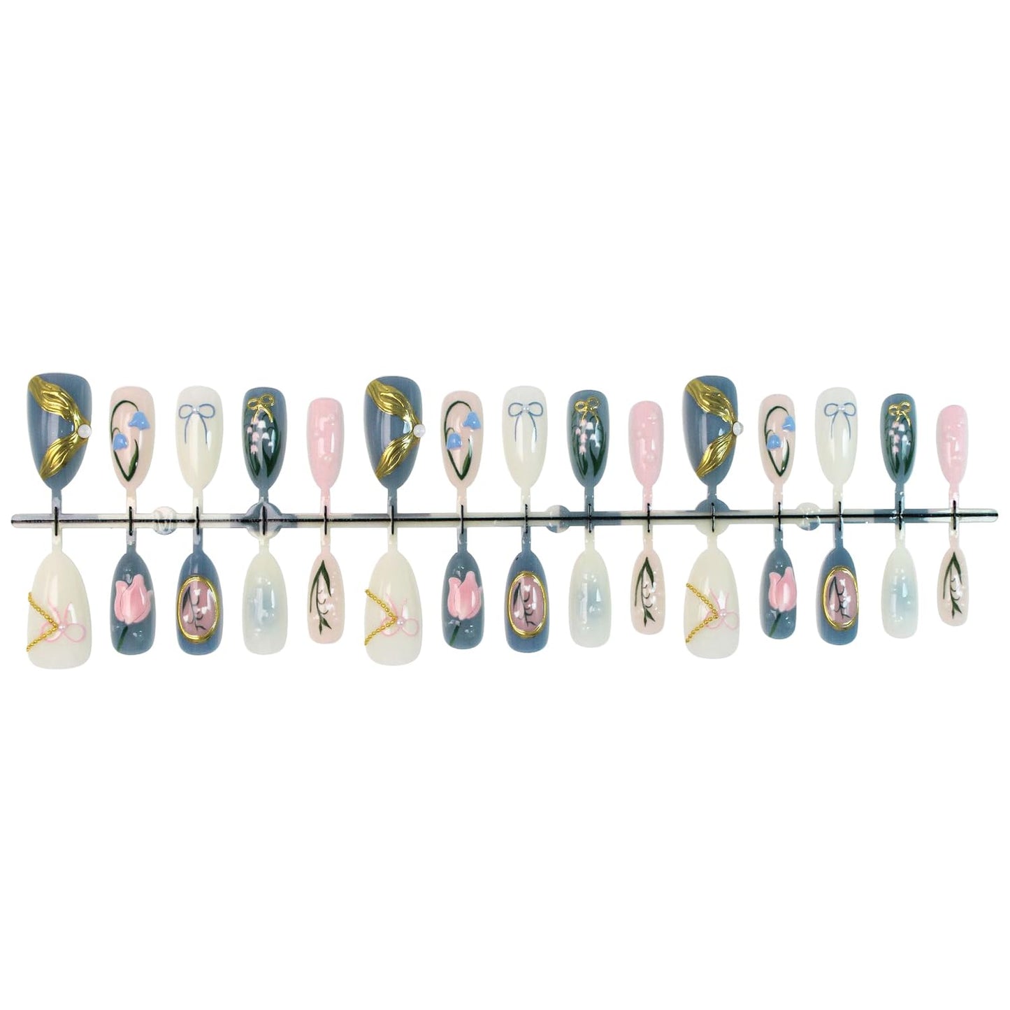 30pcs Almond Press on Nails Medium Handmade Fake Nail Art, 3D Tulip Water Drop Removable Design French Tip Press on False Nail Tips Light Blue Artificial Acrylic Nail Spring Summer Nails Set