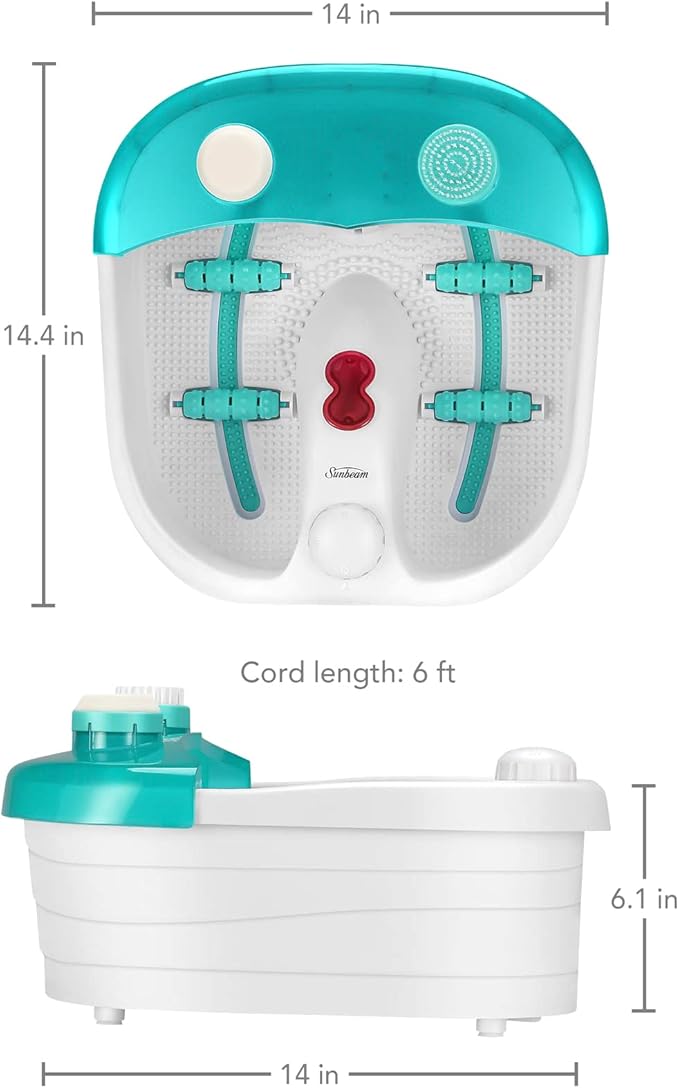 Sunbeam Deep Reservoir Aqua Therapy Foot Spa Foot Bath with Heat, Bubbles, Massage Rollers with Exfoliating Brush and Pumice Stone Pedicure Attachments, Extra Long Basin