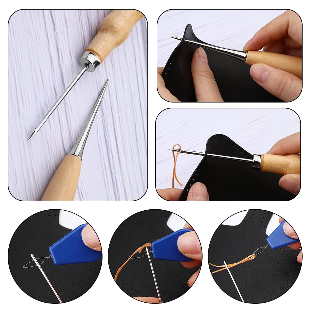 Yizzvb 46 Pcs Leather Stitching Sewing Kit,Sewing Tools Kit with 4mm Lacing Stitching Chisel, Waxed Thread and Large-Eye Needles for Leather Craft Projects DIY Sewing Work