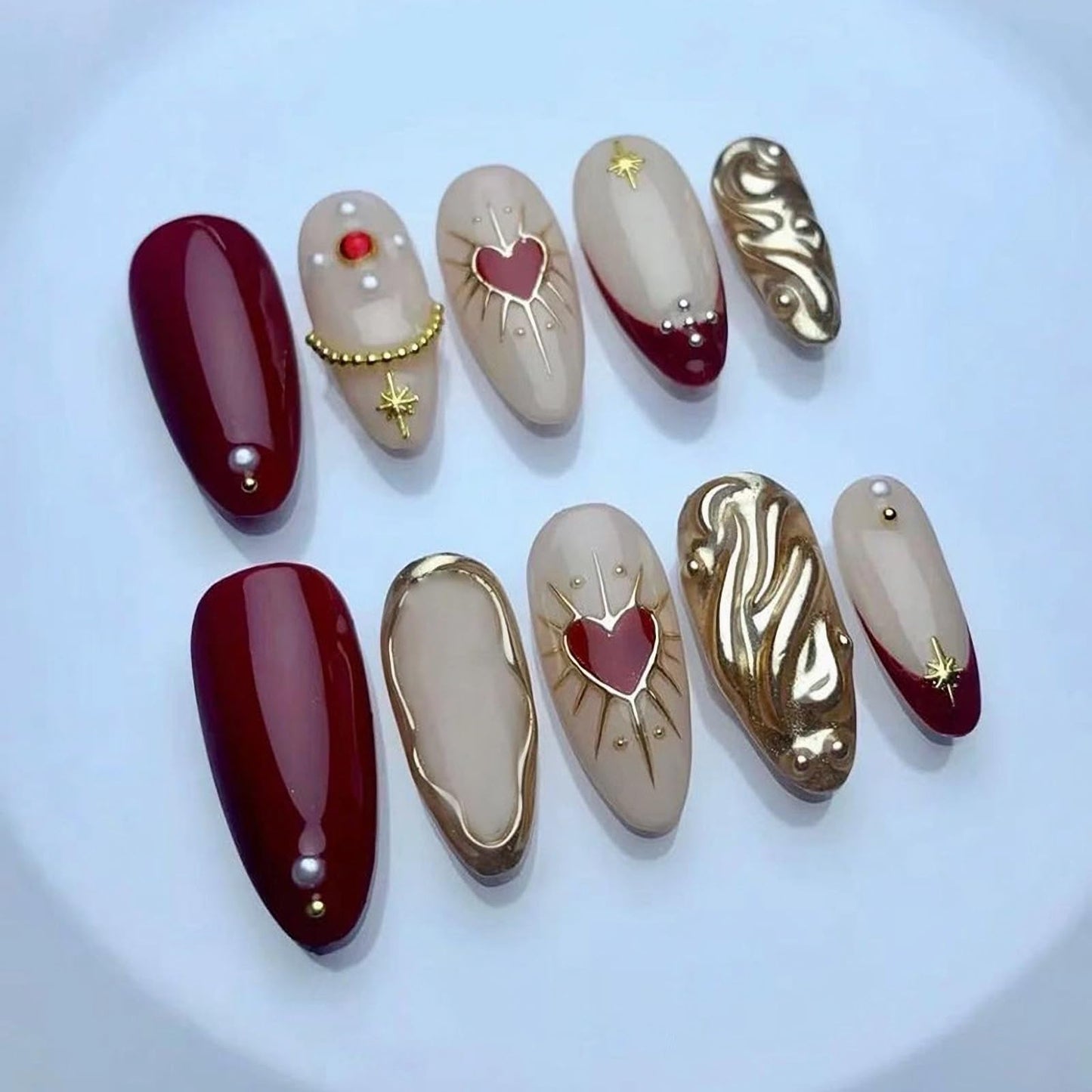 MISUD Press on Nails - Medium Almond Fake Nails with Purple French Tip, Acrylic Gold Chrome Design 24 pcs