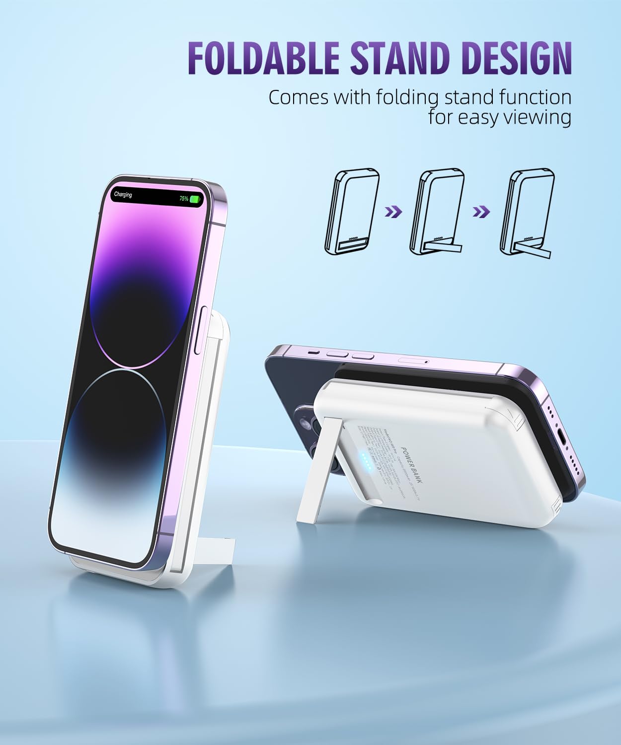 for Magnetic Power Bank, 6800mAh Wireless Portable Charger with PD30W Fast Charging, Battery Pack Built-in 2 Output Cables for iPhone Series(Silver White)