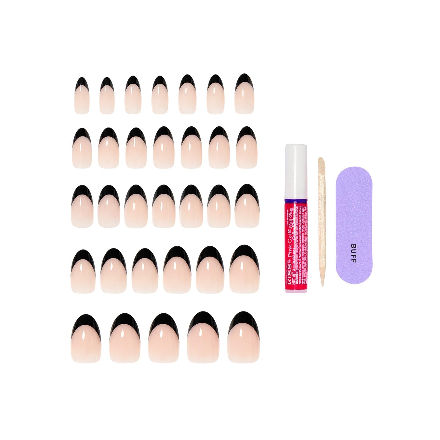 Kiss Core, Press On Nails, Nail glue included, 'Full of Fun', Black, Medium Size, Almond Shape, Includes 32 Nails, 2g Glue, 1 Manicure Stick, 1 Mini File