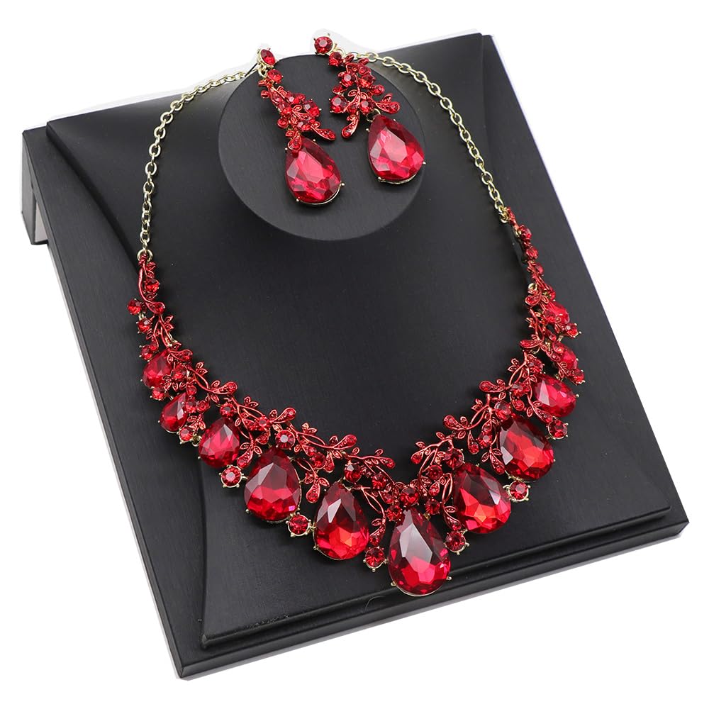 Qlavoca Vintage Crystal Teardrop Necklace Earrings Set - Gothic Statement Jewelry for Wedding Bridal Prom Party(Red-Gold Tone)