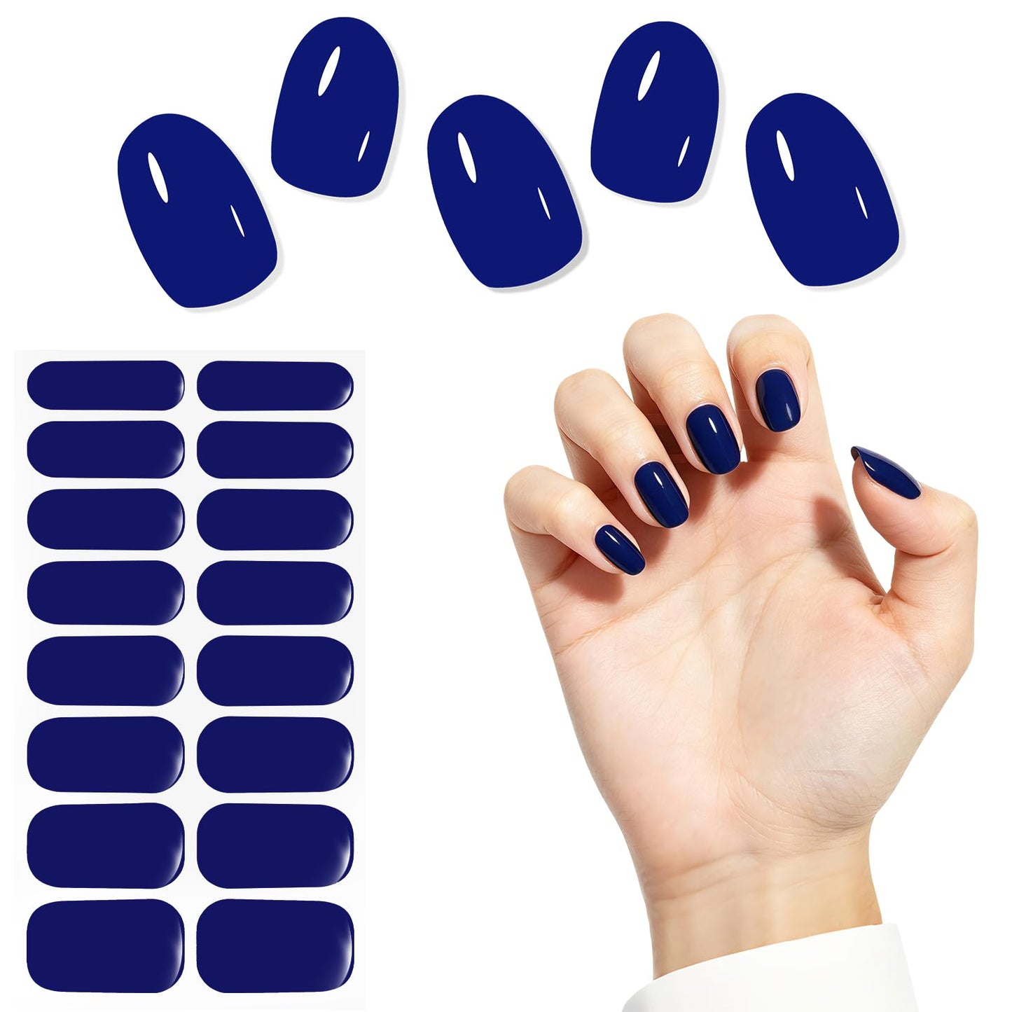 Semi Cured Gel Nail Strips - Navy Blue -Stylish Nail Wraps, No UV Light Needed, Effortless Application & Removal, Salon Quality, Includes 16 Wraps, 1 Prep Pad, Wooden Stick & Nail File