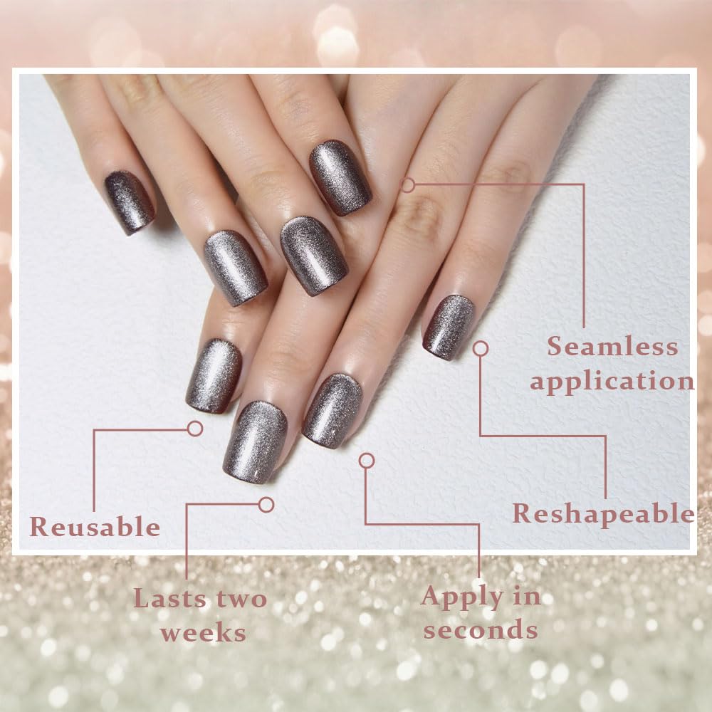 evpct Glitter Pearl Silver Cat Eye Press on Nails Square, Short Square Stick on Nails for Women Gift, Glitter Metallic Shimmer Silver Reusable Gel Press on Acrylic Fake Nail with Designs