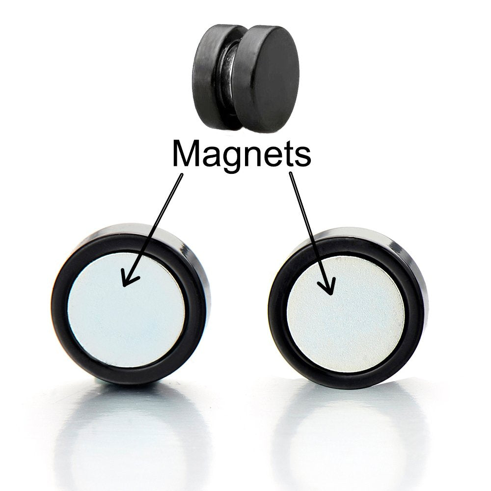 COOLSTEELANDBEYOND Unisex Magnetic Black Stud Earrings, 6mm Round Stainless Steel Non-Piercing Studs, 1 Pair