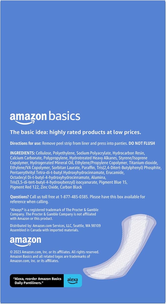 Amazon Basics Daily Pantiliner, Long Length, Pads for Women, Unscented, 40 Count (Previously Solimo)