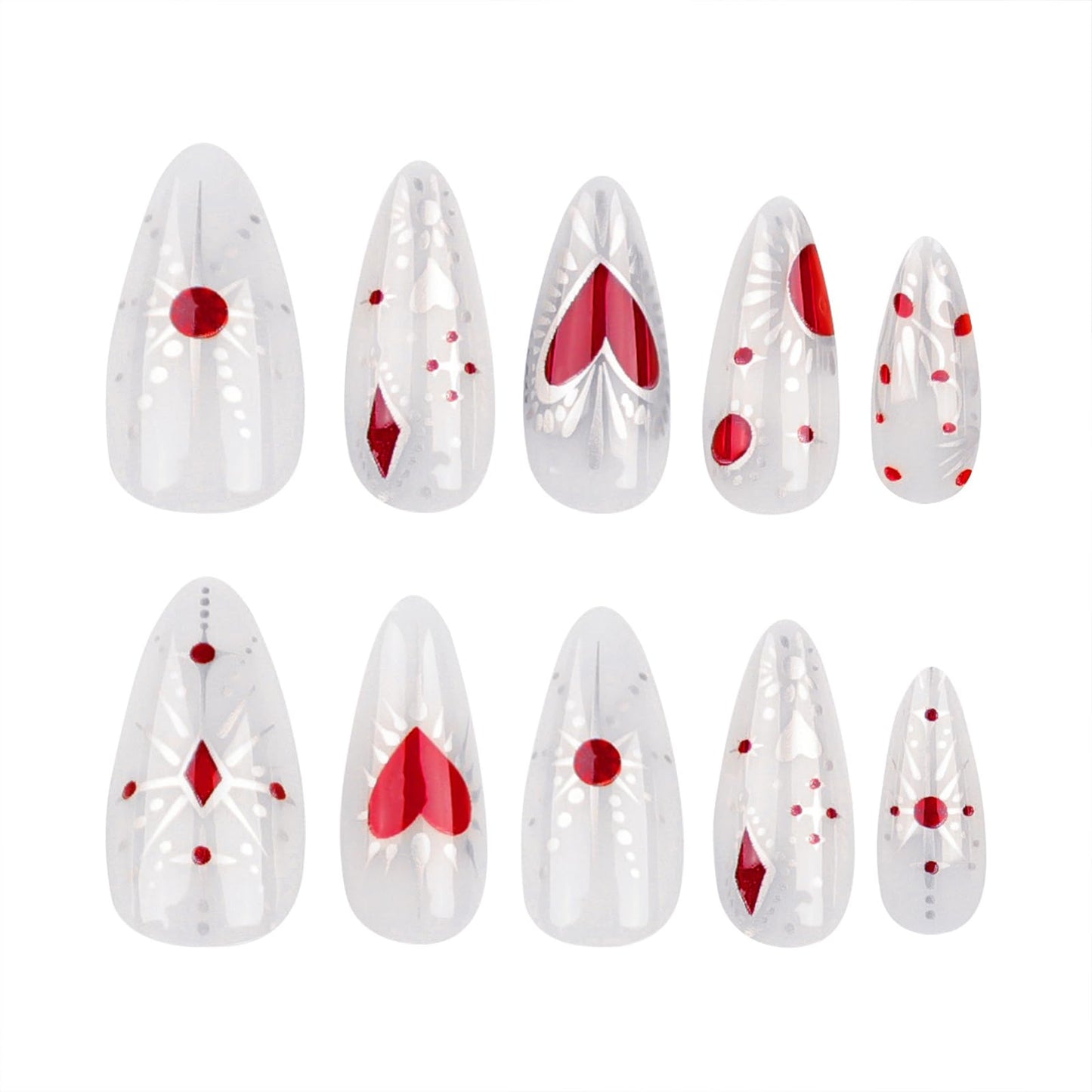 FJSMTOPl Valentines Day Press on Nails -Long Almond Fake Nails - Red Heart False Nails - with Design Gold Glue on Nail - Acrylic Stick on Nails Press ons - for Women Manicure 24Pcs