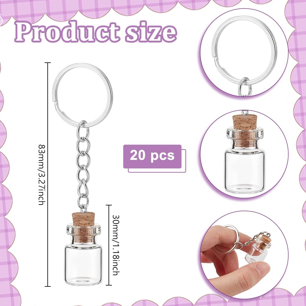 UNICRAFTALE 20Pcs Mini Glass Bottles 2ml Glass Vials with Corks Lids Clear Spell Jars with Metal Keychain Tiny Jars with Lids Message Potion Bottles for DIY Wedding Favors Party Home Decoration