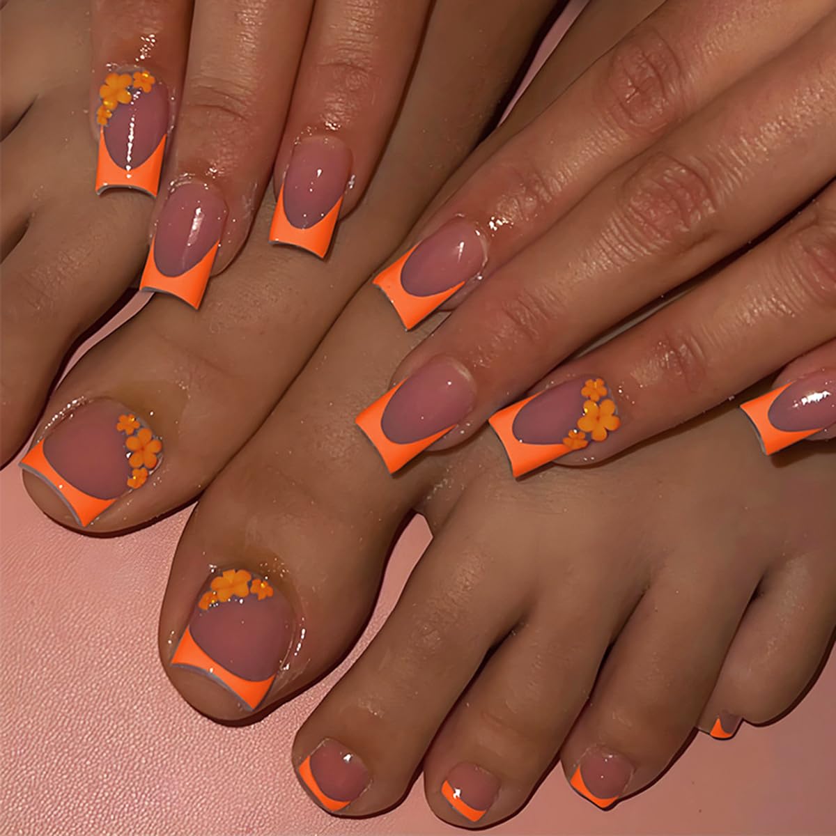 48Pcs Orange French Tip Press on Nails Short & Press on Toenails Set - Medium Fake Nails Press ons Nail Art Tips Cute Glue on Nails Full Cover Nude Fake Toe Nail Spring Flower Design Acrylic Nail Kit