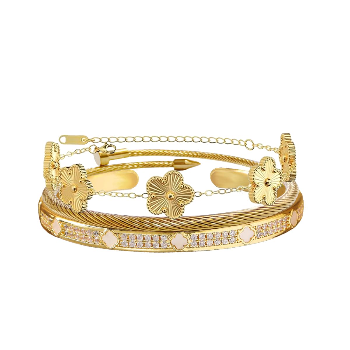Nail Bracelets set for Women 3Pcs Stackable Love Bangle 18K Gold Plated Clovers Bracelet Floral Bracelet Set Trendy Gifts for Women