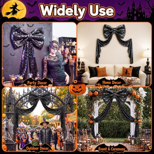 Halloween Giant Bow Decor Black Christmas Tree Topper Decor Sequin Big Bows with Long Ribbon 75 x 23 Inch Large Sparkly Bow for Halloween Front Door Wreath Party Backdrop Christmas Tree Topper Decor