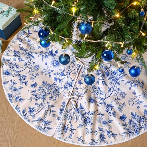 Blueweenly Blue and White Chinoiserie Christmas Tree Skirt 48 Inch Vintage Retro Chinoiserie Fabric Tree Skirt Cover Mat Farmhouse Decor for Xmas Holiday Party Decorations Indoor Outdoor