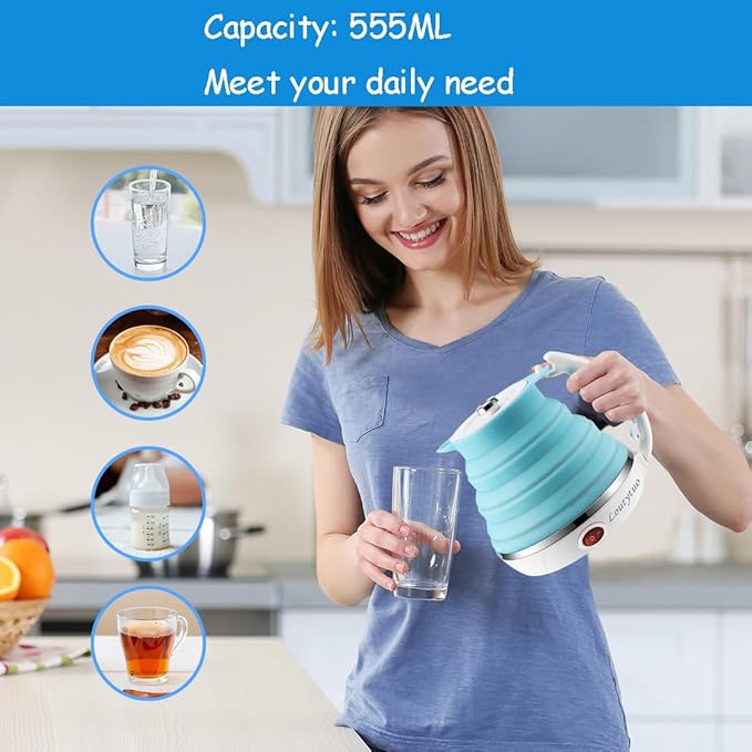 Ultrathin Upgraded Food Grade Silicone Travel Foldable Electric Kettle Boil Dry Protection Portable with Dual Voltage and Separable Power Cord,555ML 110-220V US Plug